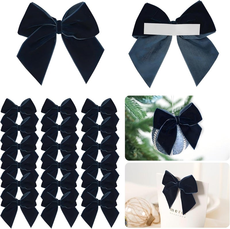 LiBongTa 3.5" Navy Blue Bows Velvet Ribbon Bow with Self Adhesive, Small Gift Bows Decor, Dark Blue Christmas Bows for Treat Bag, Candy Pop, Basket, Party Favor, Craft Bow for Gift Wrapping-24 PCs - Image 1